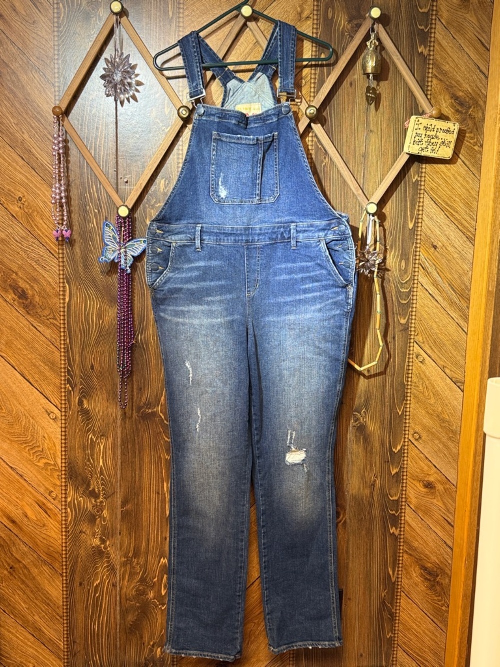 Women's Distressed Blue Denim Overalls with Adjustable Straps